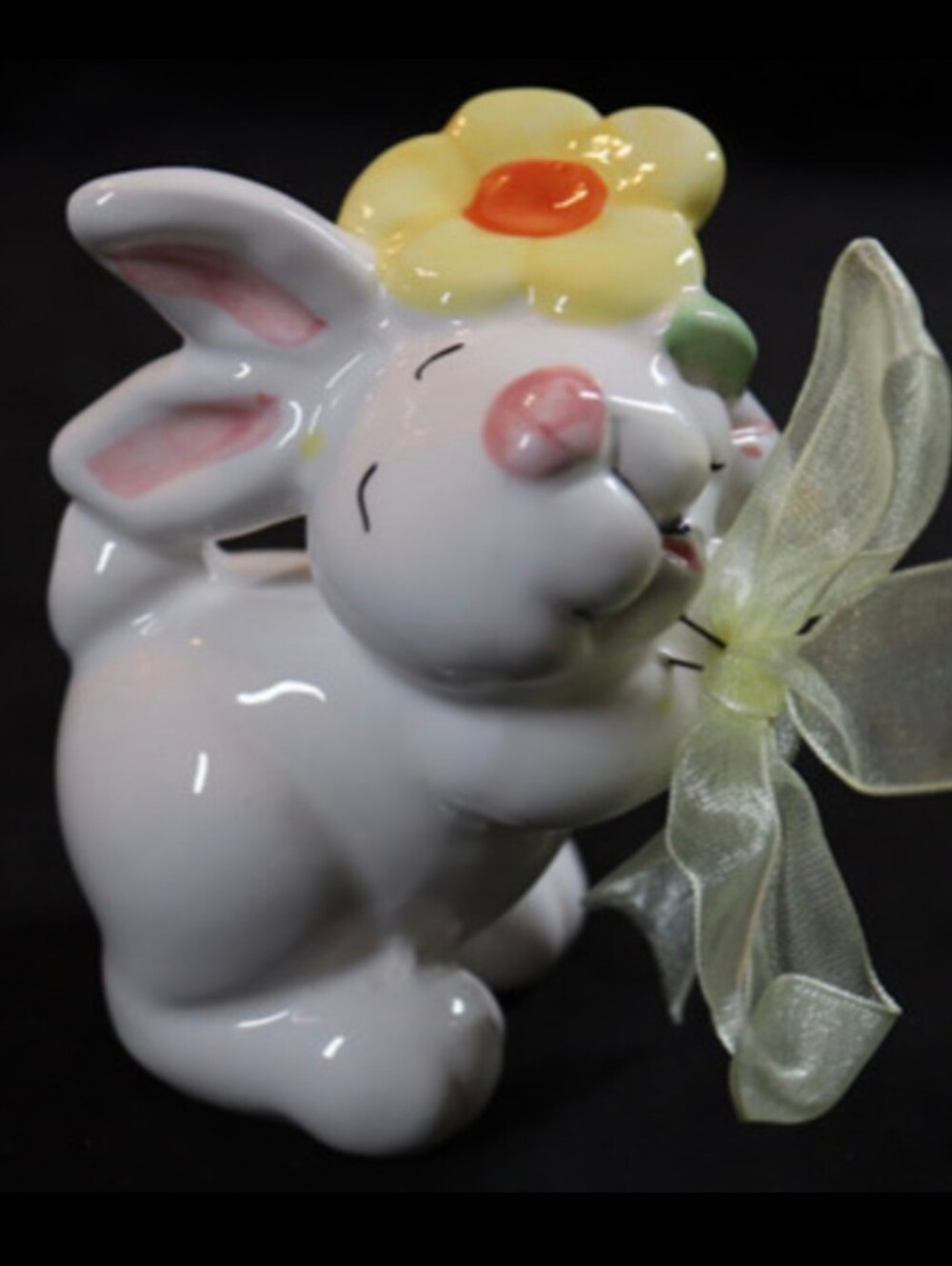 Sweet Lil White Ceramic Bunny Rabbit Figurine with Yellow Bow & Flower Easter